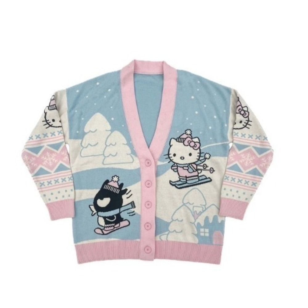Hello Kitty Ski Fair Isle Knit Cardigan Sweater Blue Pink‎ Women XL New